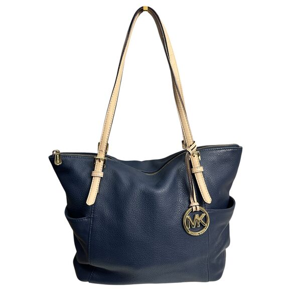 Michael Kors Jet Set Saffiano Leather Navy Blue Tote Bag Purse Handbag - Picture 1 of 5